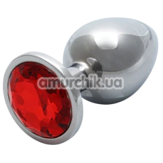 Анальная пробка с красным кристаллом Ouch! Metal Butt Plug Medium, серебряная - Фото №1