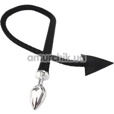 Анальна пробка з чорним хвостом-батогом Metal Anal Plug With Whip Diablo Tail, срібна - Фото №1