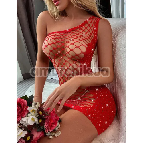 Платье Star Night Hollow Out Single Shoulder Rhinestone Fishnet Dress, красное