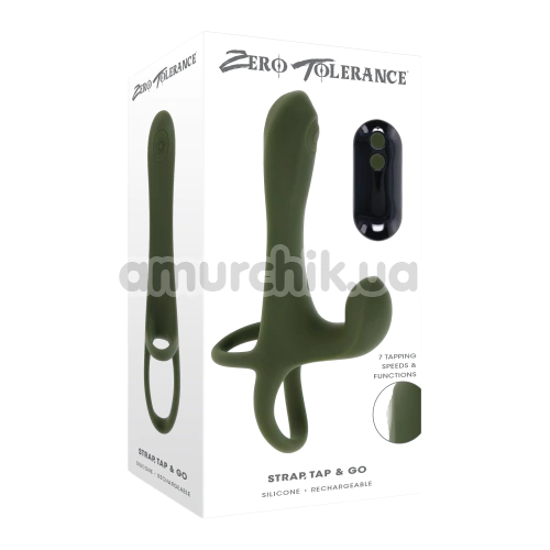 Насадка на пенис с вибрацией и пульсацией Zero Tolerance Strap Tap And Go, зеленая