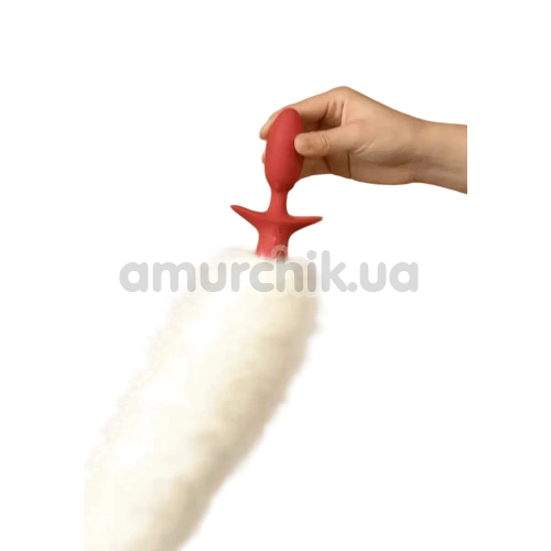 Анальная пробка с белым хвостиком, вибрацией и ротацией Upko Swinging & Vibrating Anal Plug, красная
