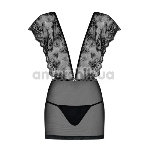 Комплект Obsessive Merossa Chemise, чёрный: пеньюар + трусики-стринги