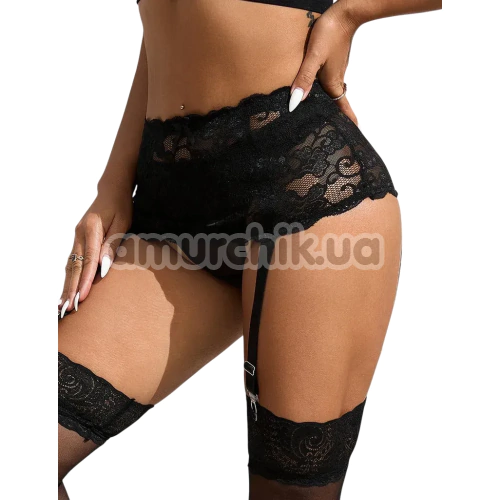 Комплект Star Night Lace Floral Set, чорний: пояс для панчіх + трусики-стрінги