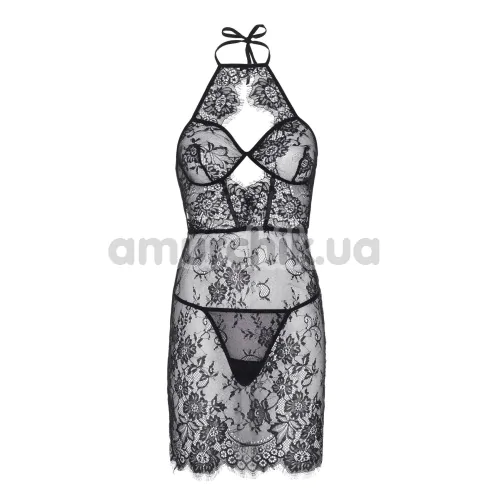 Комплект Leg Avenue Dress With Scalloped Lace And String, чорний: пеньюар + трусики-стрінги