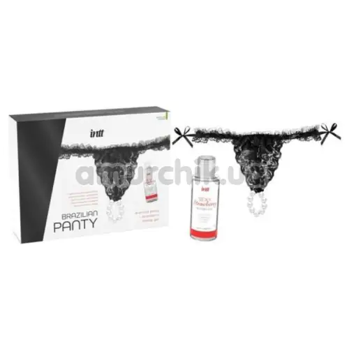 Набор Intt Brazilian Panty: черные трусики с жемчужным кольцом + оральный лубрикант Sexy Strawberry Sliding Gel - клубника, 50 мл