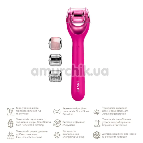 Массажер-роллер для лица с микроиглами Geske MicroNeedle Face Roller 9 in 1, ярко-розовый