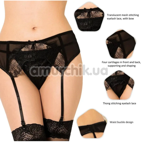 Комплект Star Night Tender Bow Mesh Garter Belt, чорний: пояс для панчіх + трусики-стрінги