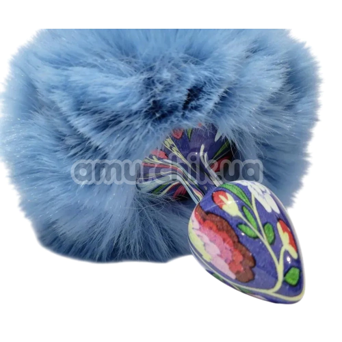 Анальна пробка з блакитним хвостиком Alume Floral Metal Plug With Tail S, синя
