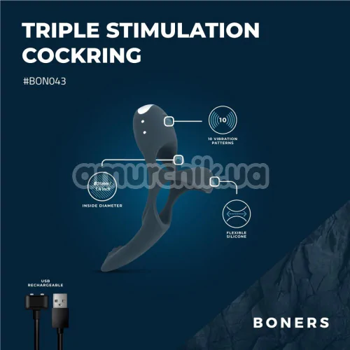 Віброкільце для члена Boners Triple Stimulating Cockring, синє