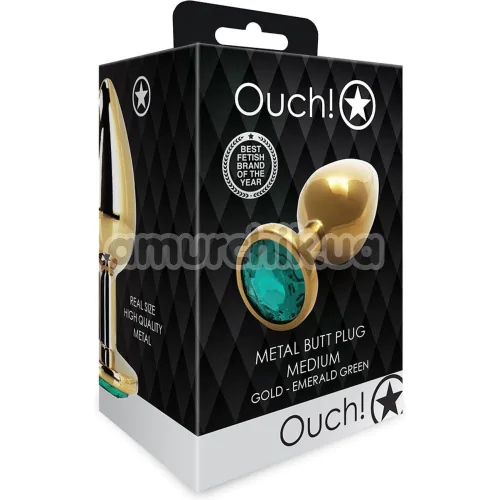 Анальна пробка з бірюзовим кристалом Ouch! Metal Butt Plug Medium, золота