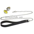 Анальная пробка с желтым кристаллом и поводком Art Of Sex Metal Anal Plug with Leash M, серебряная - Фото №1