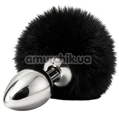 Анальна пробка з чорним хвостиком DS Fetish Metal Plug With Bunny Tail, срібна