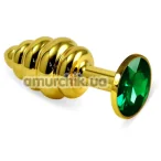 Анальная пробка с зеленым кристаллом Rosebud Spiral Metal Plug, золотая - Фото №1