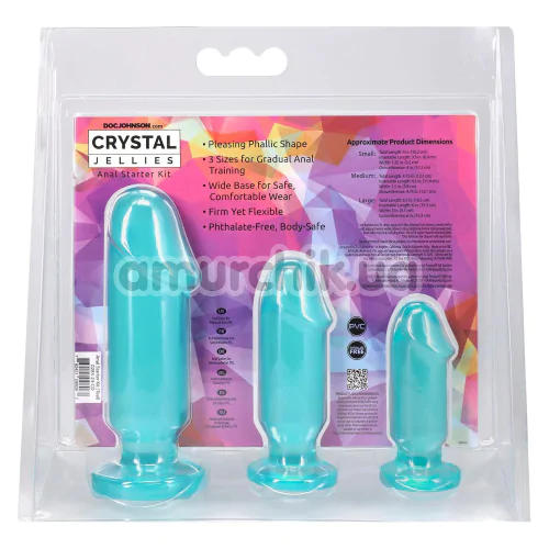 Набір із 3 анальних пробок Doc Johnson Crystal Jellies Anal Starter Kit, бірюзовий