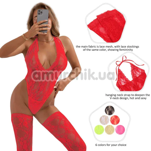 Комплект Star Night Sexy Sleeveless Floral Lace Set, красный: боди + чулки
