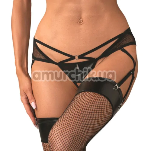 Трусики-стринги с подвязками для чулок Obsessive Dominna, черные - Фото №1