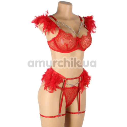 Комплект Star Night Sensual Feather & Chains, красный: бюстгальтер + трусики-стринги + пояс для чулок + гартеры