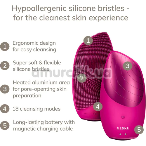 Ультразвуковая щетка для лица Geske Sonic Thermo Facial Brush 6 in 1, ярко-розовая