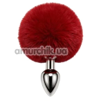 Анальна пробка з червоним хвостиком DS Fetish Metal Plug With Bunny Tail, срібна - Фото №1