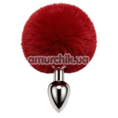 Анальна пробка з червоним хвостиком DS Fetish Metal Plug With Bunny Tail, срібна - Фото №1