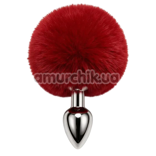 Анальна пробка з червоним хвостиком DS Fetish Metal Plug With Bunny Tail, срібна - Фото №1