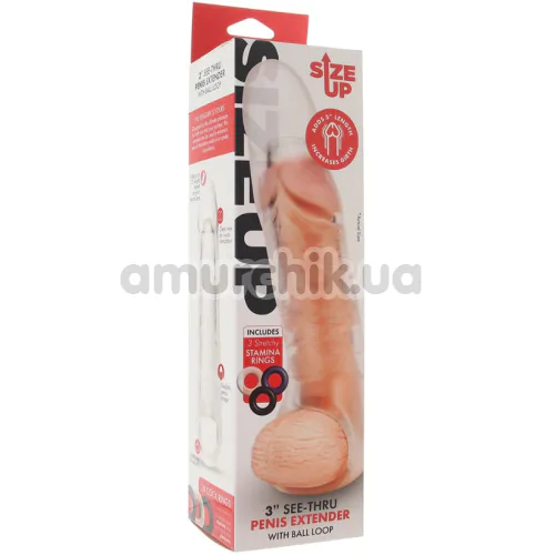 Насадка на пенис Size Up 3 Inch See-Thru Penis Extender With Pleasure Dots & Ball Loop, прозрачная