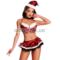 Костюм новорічний JSY Sexy Lingerie 8112, червоний: спідниця + топ + головний убір + трусики-стрінг - Фото №1