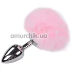 Анальная пробка с розовым хвостиком Alive Anal Pleasure Metal Anal Fluffy Plug M, серебряная - Фото №1