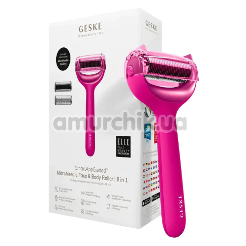 Масажер-ролер для обличчя та тіла з мікроголками Geske MicroNeedle Face & Body Roller 8 in 1, яскраво-рожевий