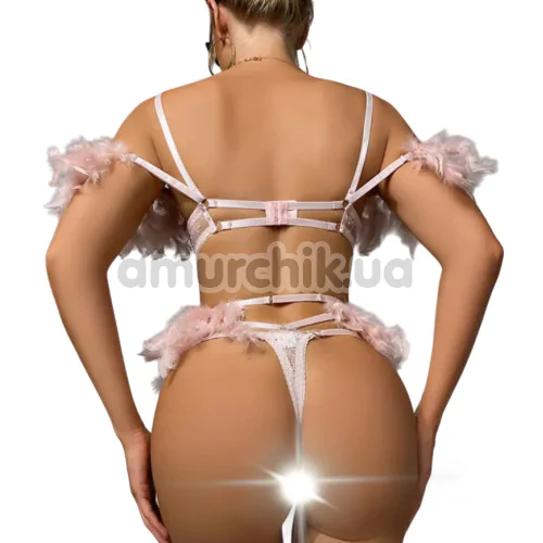Комплект Star Night Sensual Feather & Chains, розовый: бюстгальтер + трусики-стринги + пояс для чулок + гартеры