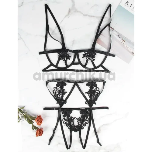 Комплект Star Night Summer Garden Lingerie Set, черный: бюстгальтер + трусики-стринги + пояс для чулок