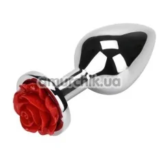 Анальная пробка с красной розочкой Loveshop Flower, серебряная - Фото №1
