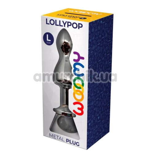 Анальна пробка з прозорим кристалом Wooomy Lollypop L, срібна