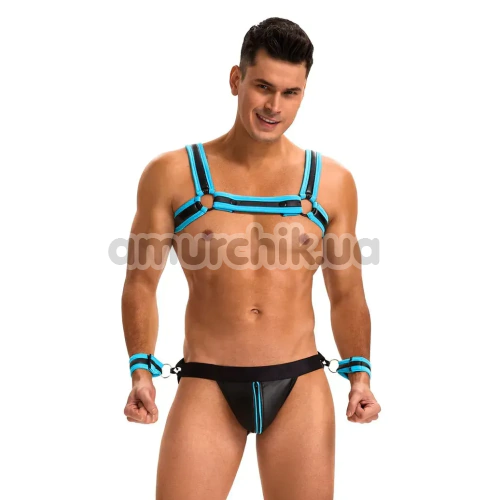 Комплект мужской Star Night Men's Set With Harness & Wrist Restraints, черно-голубой: портупея + трусы-джоки + фиксаторы для рук