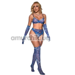 Комплект Star Night Mesh Printed Sexy Bra Set, синій: бюстгальтер + трусики-стрінги + пояс для панчіх + панчохи + рукавички - Фото №1