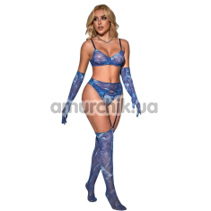 Комплект Star Night Mesh Printed Sexy Bra Set, синий: бюстгальтер + трусики-стринги + пояс для чулок + чулки + перчатки - Фото №1