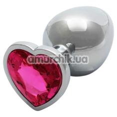 Анальная пробка с розовым кристаллом Ouch! Heart Metal Butt Plug Large, серебряная - Фото №1