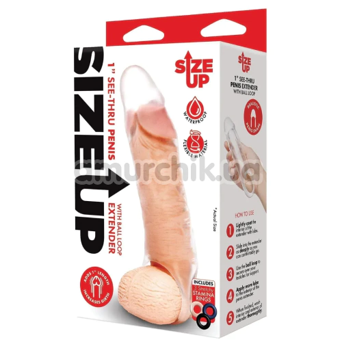 Насадка на пенис Size Up 1 Inch See-Thru Penis Extender With Ball Loop, прозрачная