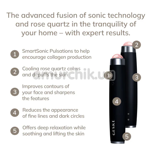 Ультразвуковая ручка-массажер для лица Geske Sonic Rose Quartz LED Depuffing Pen 8 in 1, черная