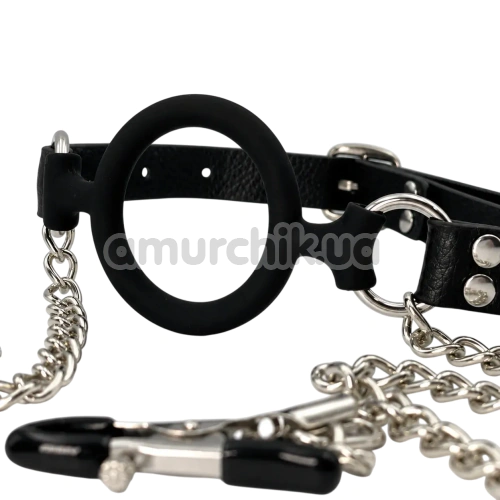 Кляп із затискачами для сосків DS Fetish Silicone Style Ring Gag, чорний