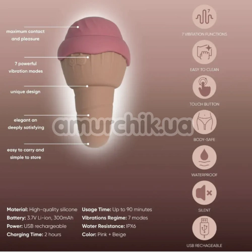 Симулятор орального секса для женщин с вибрацией Sweet Em Velvet Lure Ice Cream, коричневый