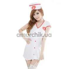 Костюм медсестры Nurse белый: платье с подвязками + трусики-стринги + шапочка - Фото №1