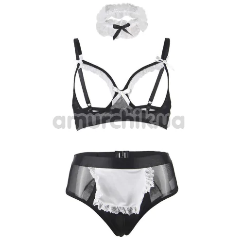 Костюм покоївки Star Night Maid Lace Open Set, чорно-білий: бюстгальтер + трусики + чокер + манжети