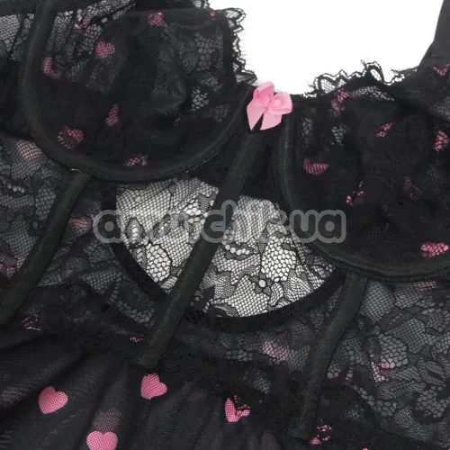 Комплект Star Night Sexy Black Lace Set With Heart Design, чорний: пеньюар + трусики-стрінги