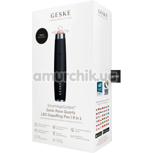 Ультразвуковая ручка-массажер для лица Geske Sonic Rose Quartz LED Depuffing Pen 8 in 1, черная