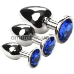 Набір з 3 анальних пробок з синім кристалом SWAROVSKI Silver Sapphire, срібний - Фото №1