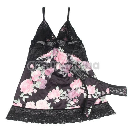 Комплект Star Night Floral Mesh Set, черный: пеньюар + трусики-стринги