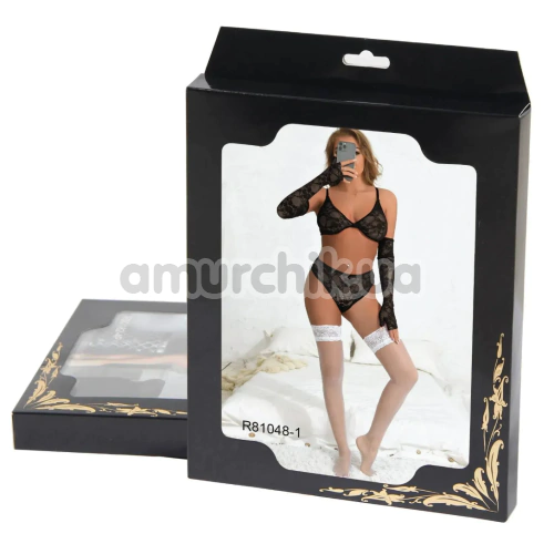 Комплект Star Night Lace Lingerie With Long Gloves, черный: бюстгальтер + трусики + перчатки