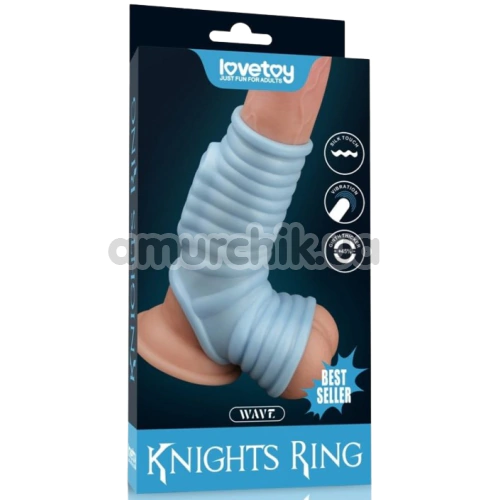 Насадка на пеніс з вібрацією Knights Ring Vibrating Wave With Scrotum Sleeve, блакитна