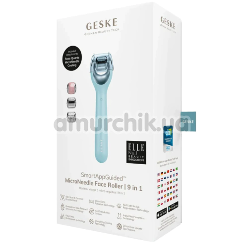 Массажер-роллер для лица с микроиглами Geske MicroNeedle Face Roller 9 in 1, бирюзовый